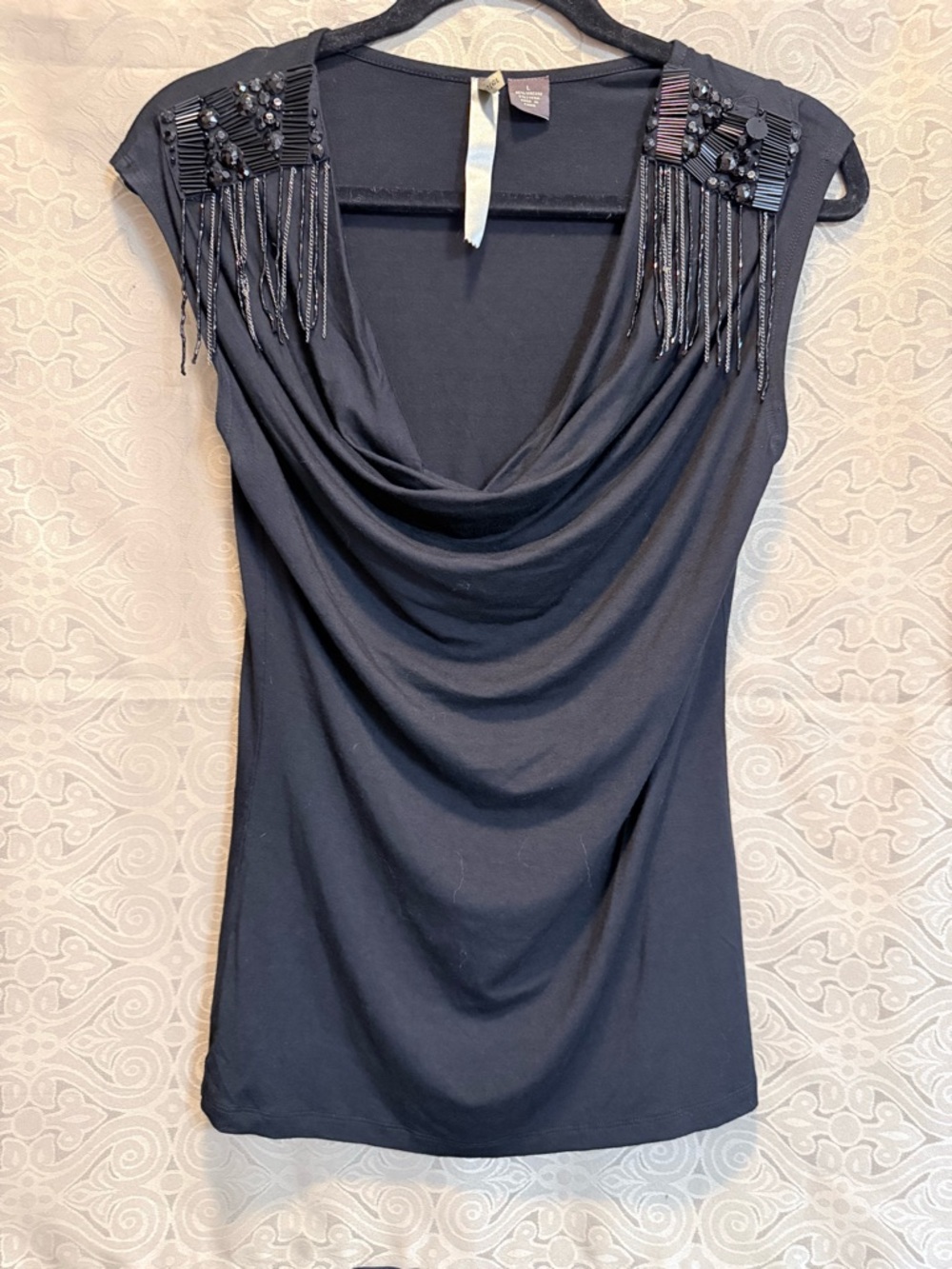 Black Beaded Fringe Cowl Neck Tank Top